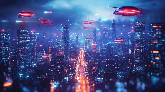 A cityscape with many flying objects, including cars and drones