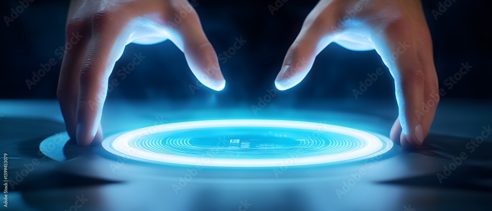 Poster hands interacting with a glowing circular interface