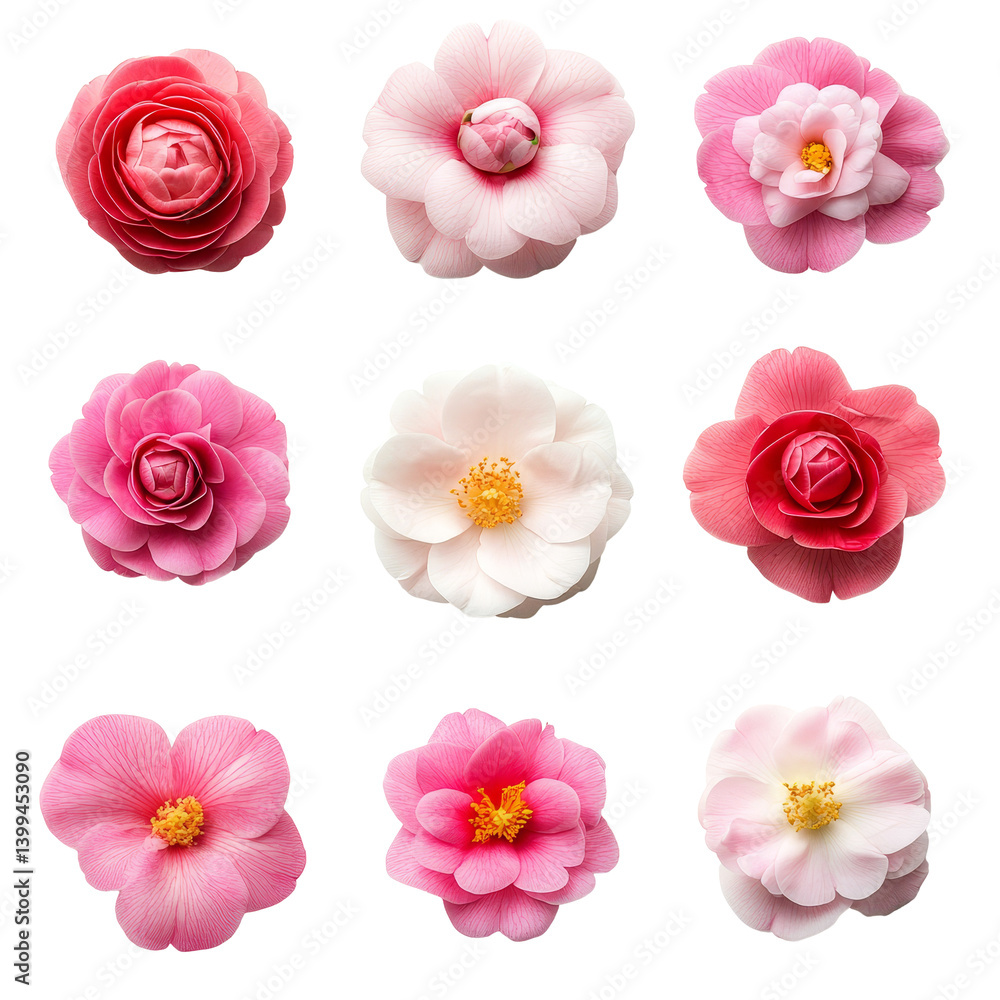 Aufkleber a collection of beautiful camellia flowers in various colors viewed from above on a transparent back