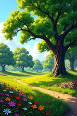 Serene park landscape featuring large oak trees and flowers, greenery, foliage