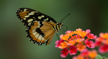 Naklejka premium Yellow Eastern Tiger Swallowtail butterfly feeding on nectar from small orange Lantana flowers in a vibrant garden setting.
