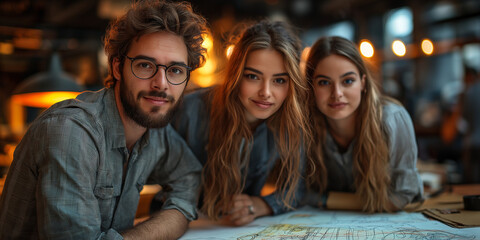 Portrait of three young creative professionals collaborating on a design project in a modern studio workspace