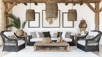 Obraz premium Rustic Living Room Interior with Wicker Furniture