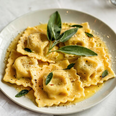 Fresh Homemade Ravioli with Sage Leaves and Butter Sauce