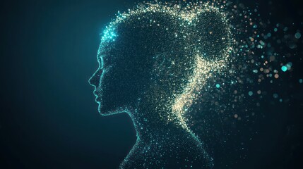 Fototapeta premium Digital representation of a female profile, composed of glowing particles