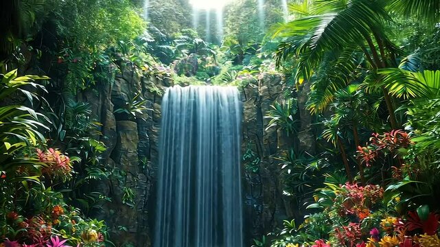 Lush tropical waterfall cascading down rocky cliff, surrounded by vibrant flowers and foliage