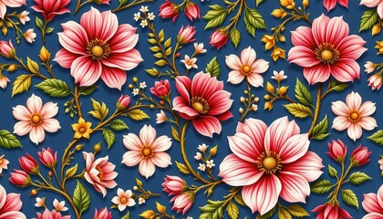 Exquisite Vintage Floral Pattern Seamless Design Beautiful Pink and White Flowers on a Dark Blue Background