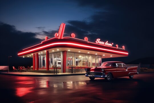 A classic American drive-in restaurant illuminated by neon lights at dusk with a vintage car parked outside, showcasing mid-century architecture and inviting atmosphere for evening diners