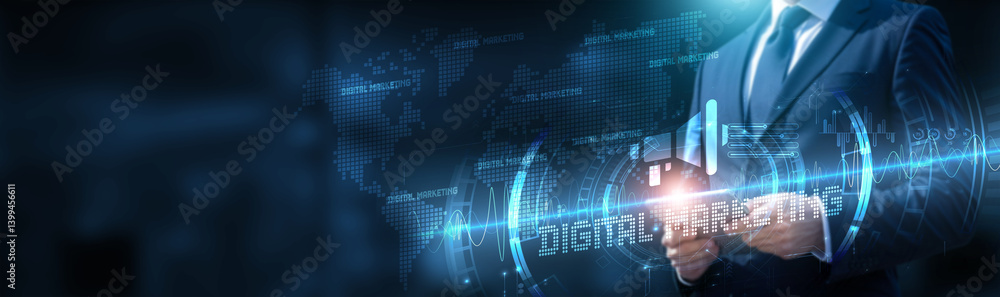 Poster digital marketing. businessman using tablet on a global network connection on digital marketing and 