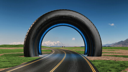 Road curving into car tire on landscape background..