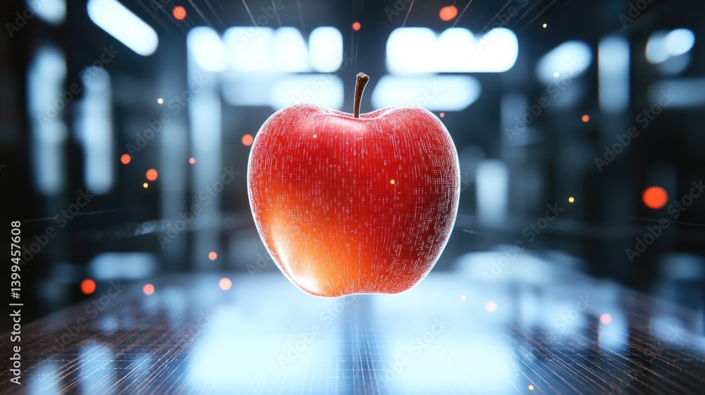 Poster futuristic digital apple floating in a high-tech environment
