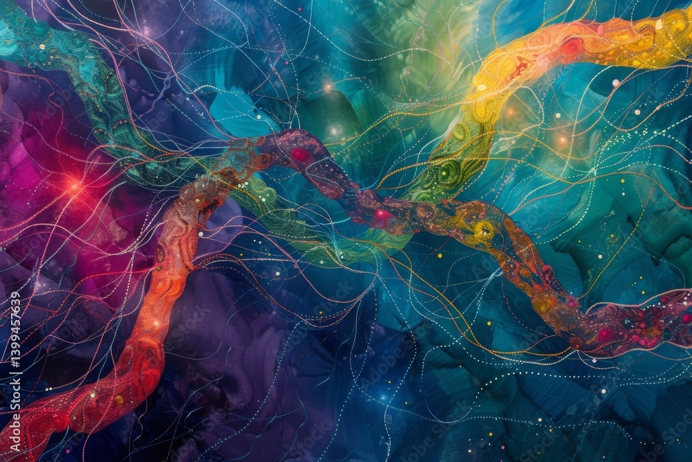 Poster vibrant vines of energy intertwining and pulsating in a cosmic landscape at twilight, creating a mes