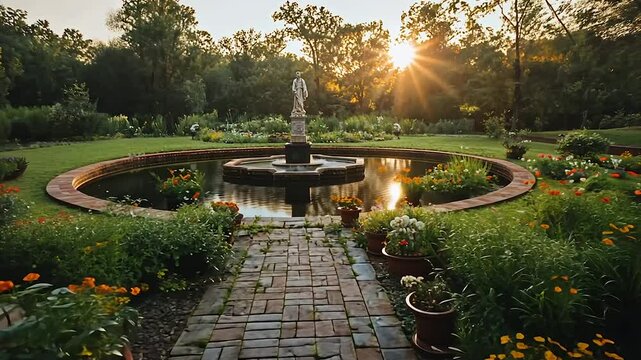 Sunlit formal garden with statues, fountain, and brick path