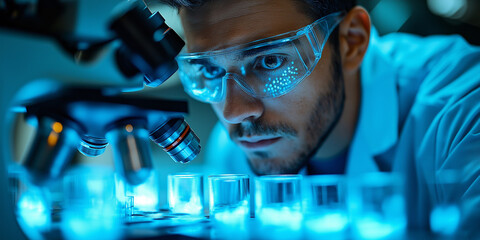 Close-up of a focused male scientist using a compound microscope in a blue-lit laboratory setting