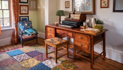 Cozy traditional vibe with a patchwork quilt and antique writing desk