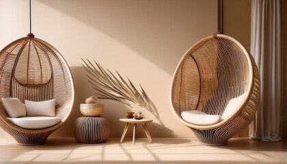 Cozy organic modern lounge with beige tones and curved rattan chair