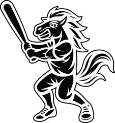Modern and stylish muscular horse character swinging a baseball bat isolated silhouette vector art, muscular horse character swinging a baseball bat line art vector design