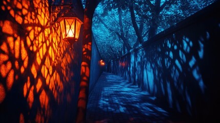 Mystical lantern lit pathway with tree shadows at night. Halloween, All Hallows Eve, Samhain - Spooky Holiday Season, Fall Festival Celebration