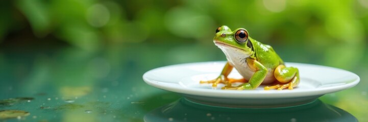 Obraz premium A small frog sitting on a white plate with water , white, plate