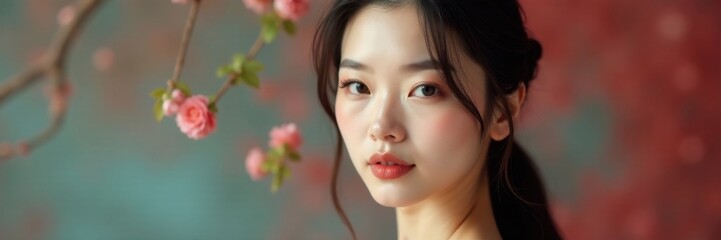 Beautiful woman with porcelain skin and Asian features, elegance, beautiful woman, Asian beauty