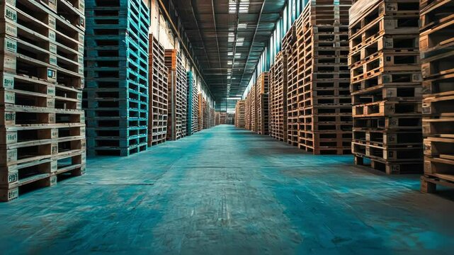 A spacious warehouse filled with organized wooden pallets.