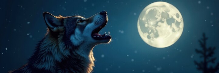 Obraz premium Close-up of a wolf's face with its mouth open howling at the full moon , wildlife, animal behavior