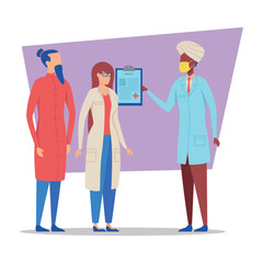 Doctor in scrubs explaining patients health status to two colleagues in clinic. Team focused on improving patient outcomes while ensuring effective communication