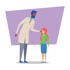 Doctor in white coat engaged with young girl, offering comfort and care in friendly manner. Trust and safety concept