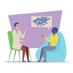 Doctor sitting in chair discussing health matters with patient seated comfortably in large chair. Medical consultation concept