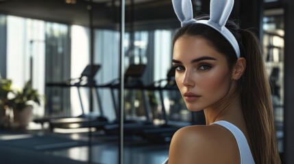 Fototapeta premium Caucasian young woman with bunny ears in gym setting looking at camera. Easter, Pascha, Paskha, Ostern, Pascua, Paques - Orthodox and Catholic Holiday celebration