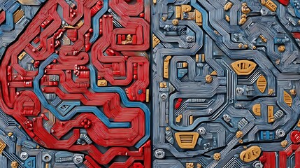 Abstract High-Tech Background with Colorful Circuit Board Patterns in Red and Blue Tones for Design Projects