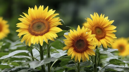 Naklejka premium Golden sunflowers basking in the afternoon sun, showcasing their rich, deep yellow hue - flowers blossom petals day rural