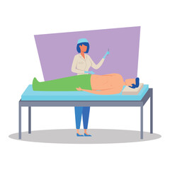 Doctor in white coat preparing to administer injection to patient lying on examination table. Patient lying relaxed in medical clinic