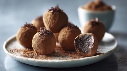 Selection of petite chocolate truffles, dusted with cocoa powder - dark indulgence texture