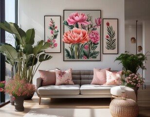 Chic minimalist space with bold floral arrangements and quirky wall art