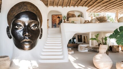 Sculpted face in modern, open-plan home interior