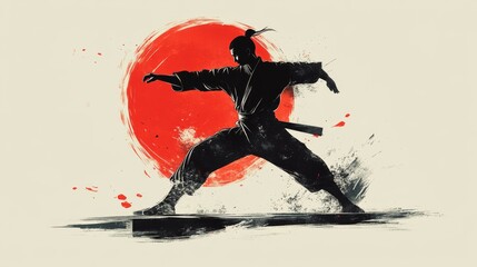 The Way of the Warrior: A Silhouette of a Martial Artist in Motion Against a Red Sun
