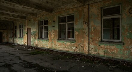 Fototapeta premium Exploring Abandoned Building Interior with Decaying Walls and Windows