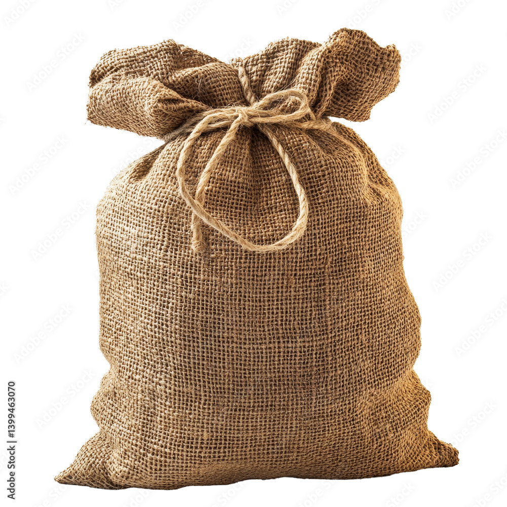 Aufkleber an empty burlap sack tied with twine, placed on a neutral background for versatile storage solutions