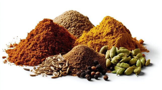 Lateral side view of popular Indian spices like cumin, turmeric, coriander, and cardamom, isolated on a white background. The spices' rich colors and fine details are perfectly highlighted.