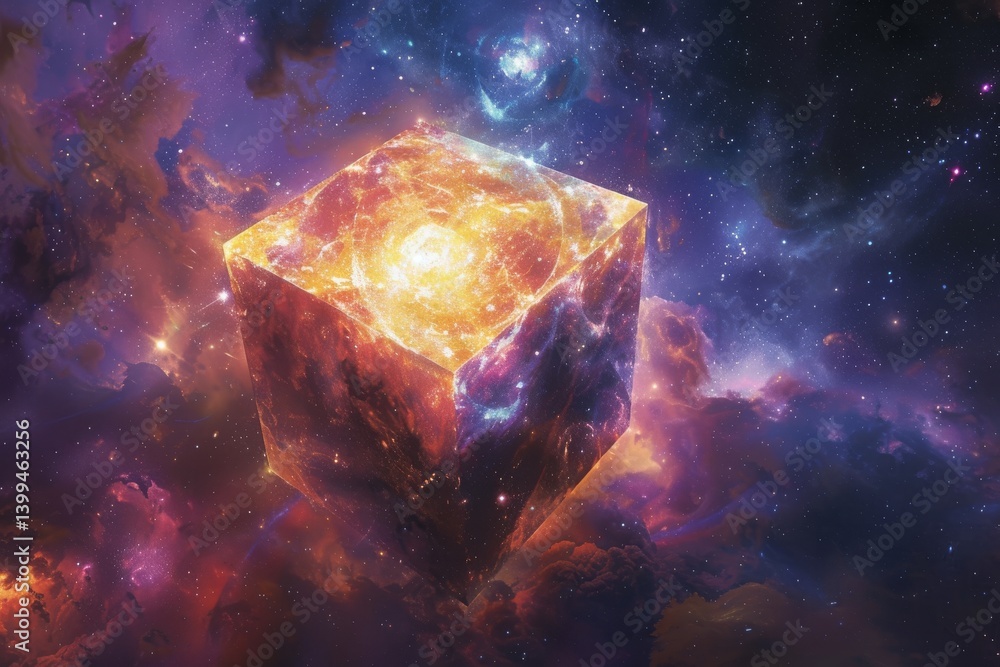 Poster exploring the intricacies of time in the fourth dimension within a cosmic cube surrounded by celesti