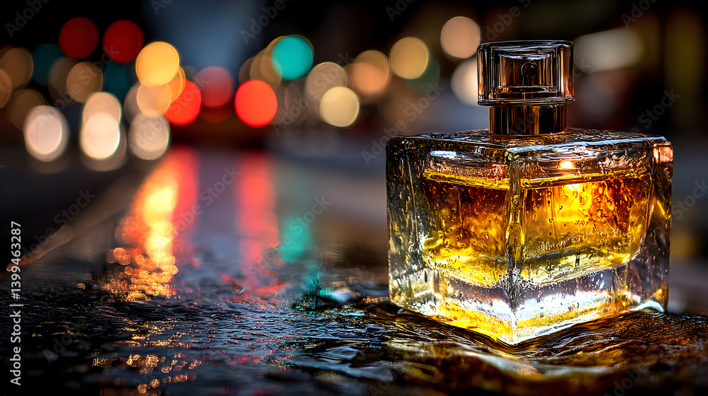 Poster elegant glass bottle with golden liquid reflecting city lights in night setting creating an atmosphe
