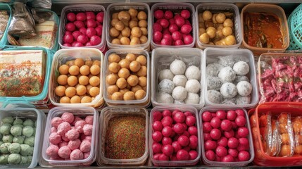 A selection of assorted Indian sweets, including laddoos, barfi, and rasgulla - white sweets brown motichoor dessert