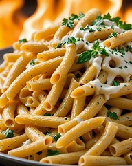 Flaming pasta image, hot white sauce pasta, melted cheese oozing, smoky steamy food, fire in background, ultra-realistic food shot, comfort meal, blurry flame effect, delicious pasta, dramatic vibe

