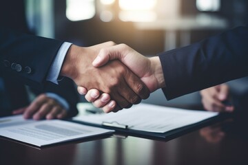 Obraz premium Closeup of two hands shaking during a crucial business agreement in a modern office setting, reflecting the importance of collaboration and decision-making in corporate environments