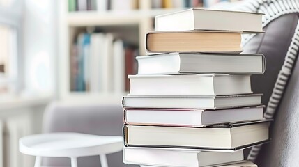 A towering stack of books rests on a furniture piece.