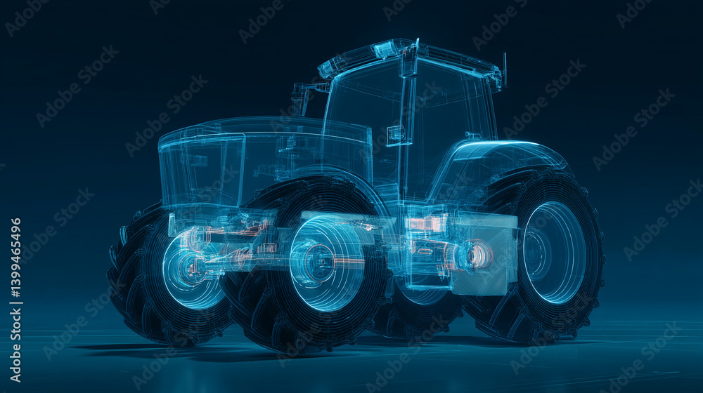 Poster a futuristic transparent tractor with visible internal mechanisms on a blue background design