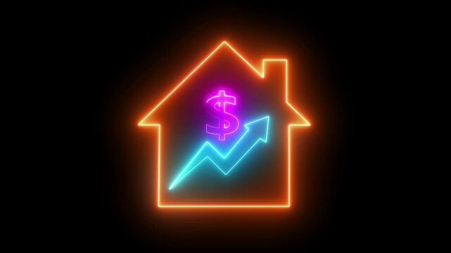 Housing Market icon, Property Development concept for construction, Investment, business development icon .Dollar sign with many doors in neon light and a bar graph on a black background.