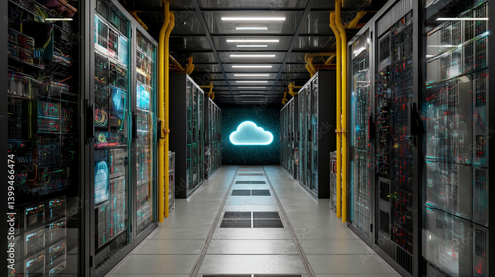 Aufkleber a server room with rows of servers and a glowing cloud at the end of the hallway in the distance