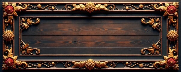 Ornate wooden frame adorned with intricate floral patterns and symbolic designs, floral pattern, nature